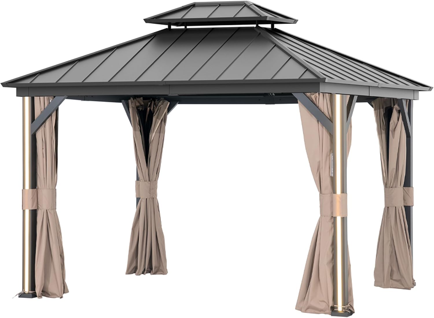 Modern Shade 10' x 12' Hardtop Gazebo with LED Strip Lights, Galvanized Steel Double Roof, USB and USB-C connectors, Mosquito Netting and Curtains, Outdoor Metal Gazebos for Decks Backyards, Black