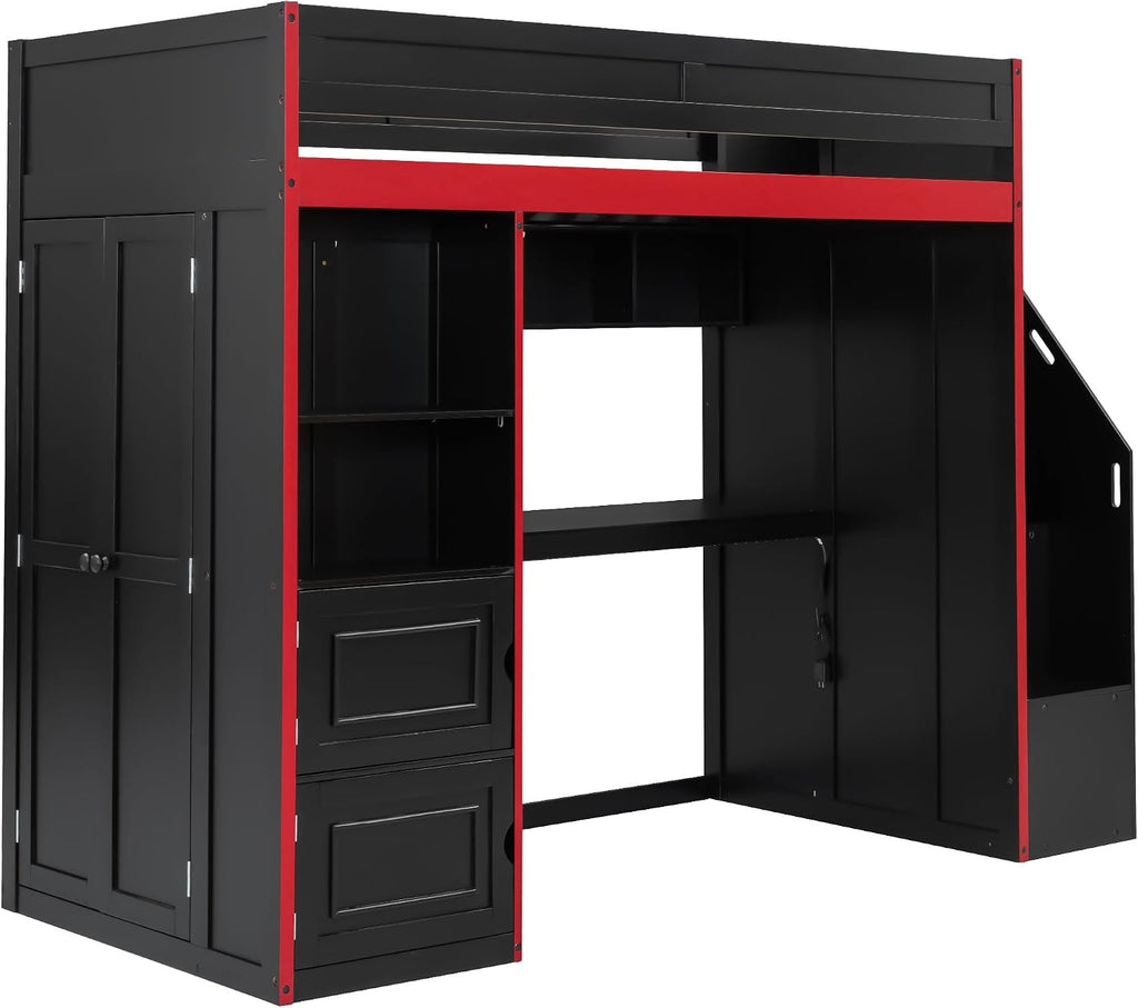 SOFTSEA Twin Size Gaming Loft Bed with Desk, Storage Stairs, LED Lights, Bookshelves & Wardrobe, Multifunctional Loft Bed for Kids Bedroom, No Box Spring Needed, Black Red