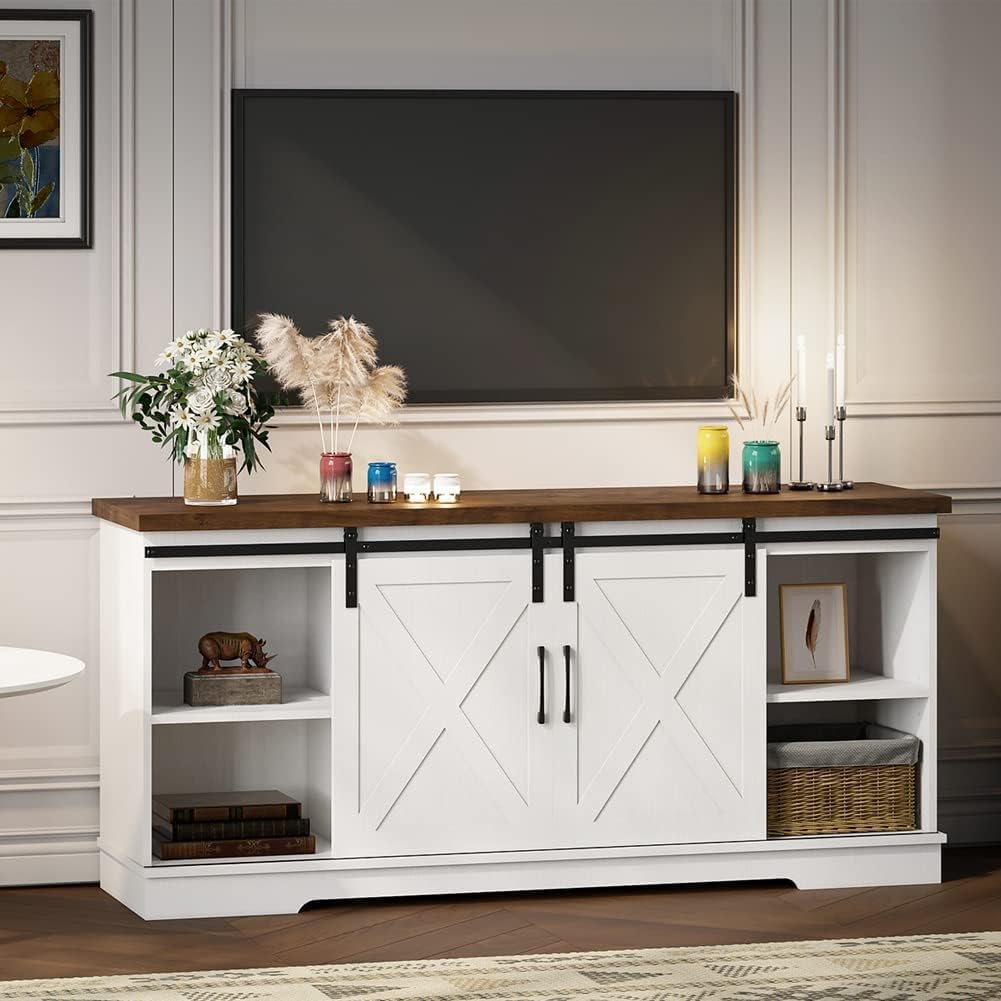 Farmhouse TV Stand for TVs up to 65', Modern Entertainment Center with Sliding Barn Doors & Adjustable Shelves, TV Console for Living Room, Heavy Duty 220lbs Load (White)