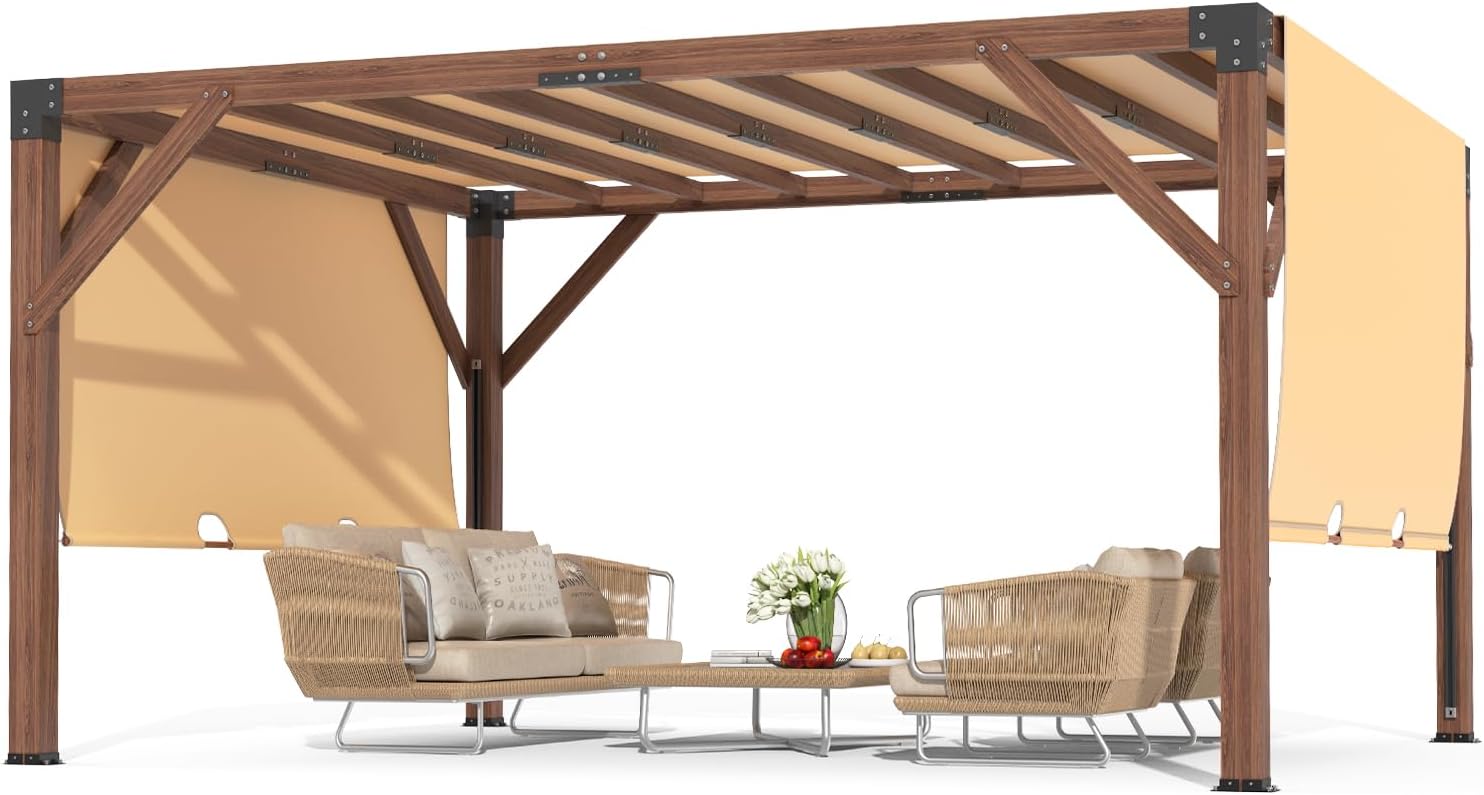 GarveeLife 12x14 FT Wooden Pergola, Cedar Wood Gazebo with Arched Roof, Outdoor Garden Shelter with Stakes Included, Patio, Deck, Backyard, Lawn