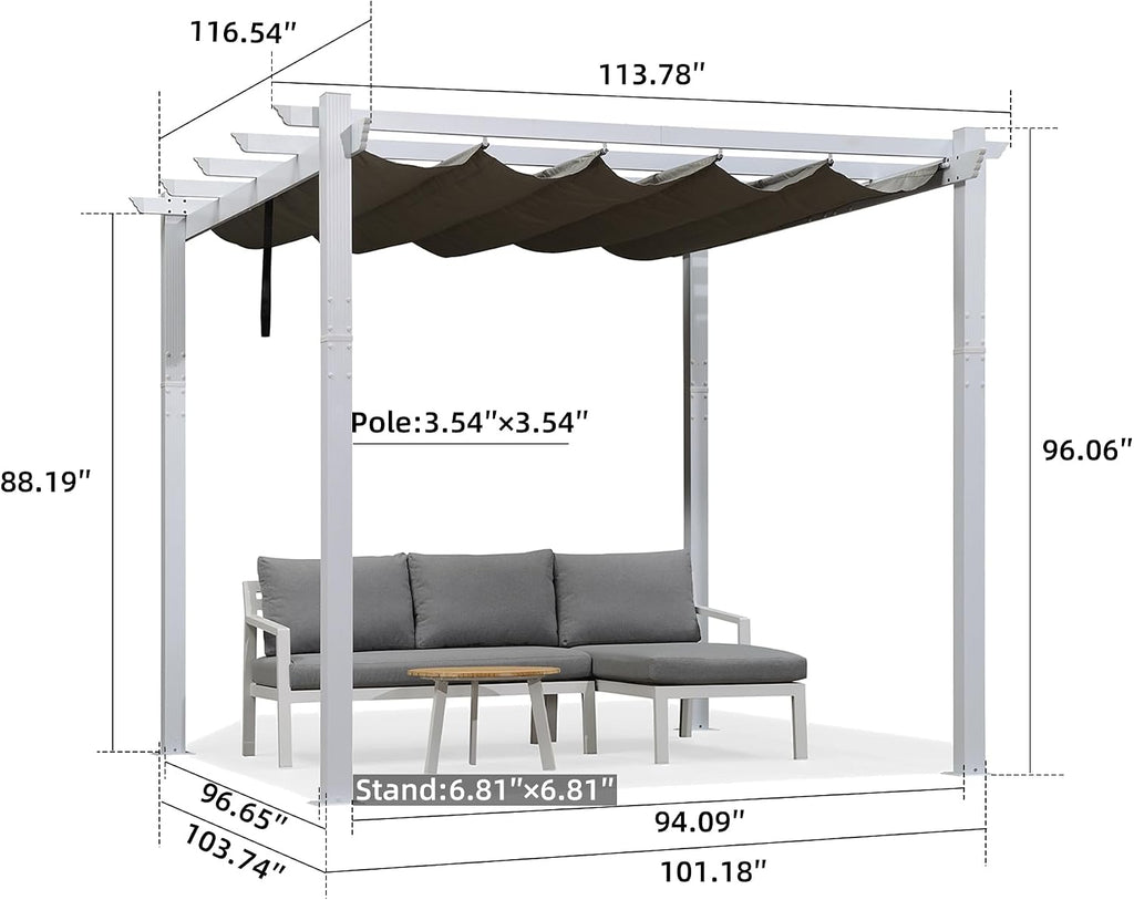 PURPLE LEAF 10' x 10' Outdoor Retractable Pergola Heavy-Duty Aluminum DIY White Pergola with Sun Shade Canopy Patio Modern Shelter for Garden Yard Deck Grape Trellis, Grey
