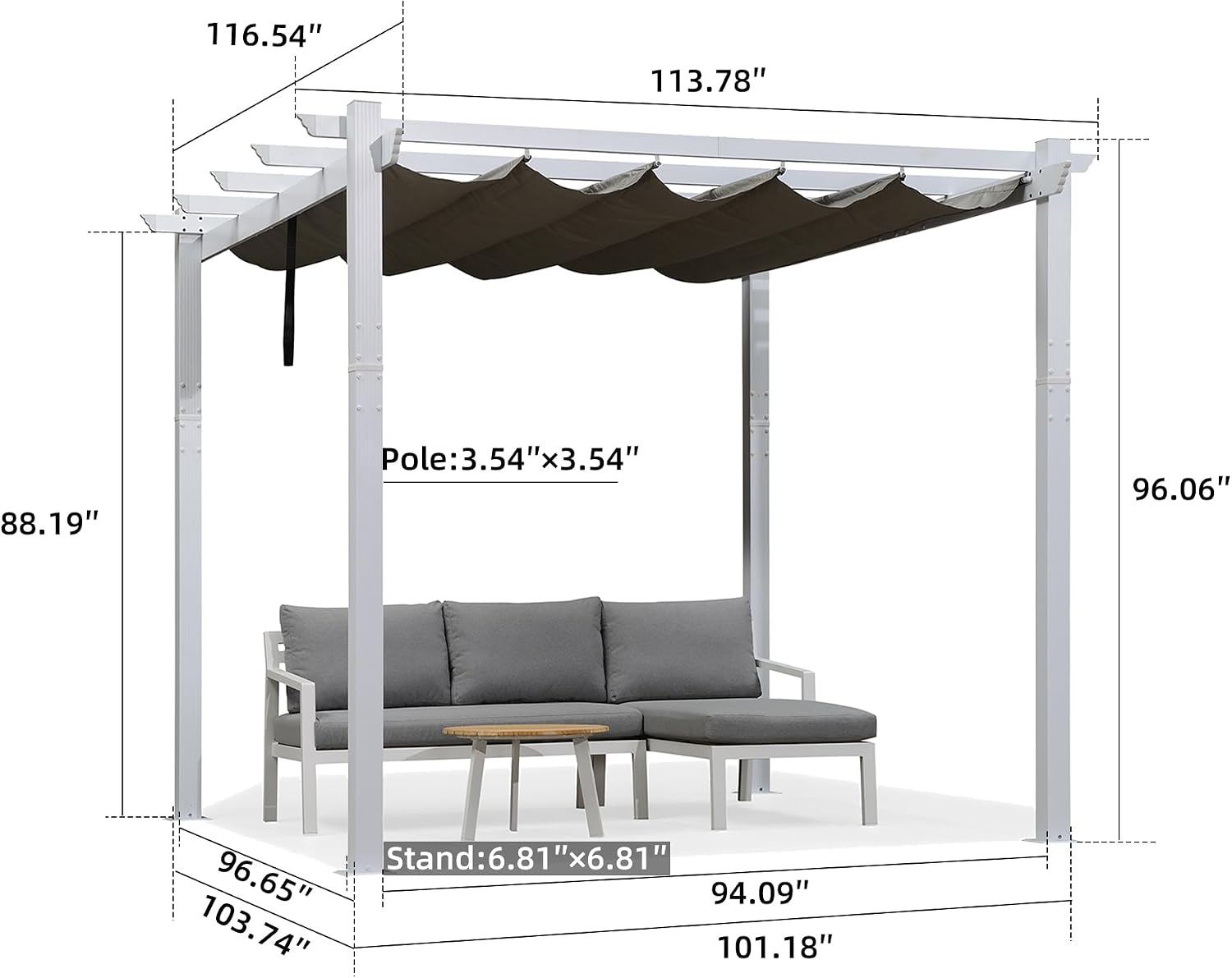 PURPLE LEAF 10' x 10' Outdoor Retractable Pergola Heavy-Duty Aluminum DIY White Pergola with Sun Shade Canopy Patio Modern Shelter for Garden Yard Deck Grape Trellis, Grey
