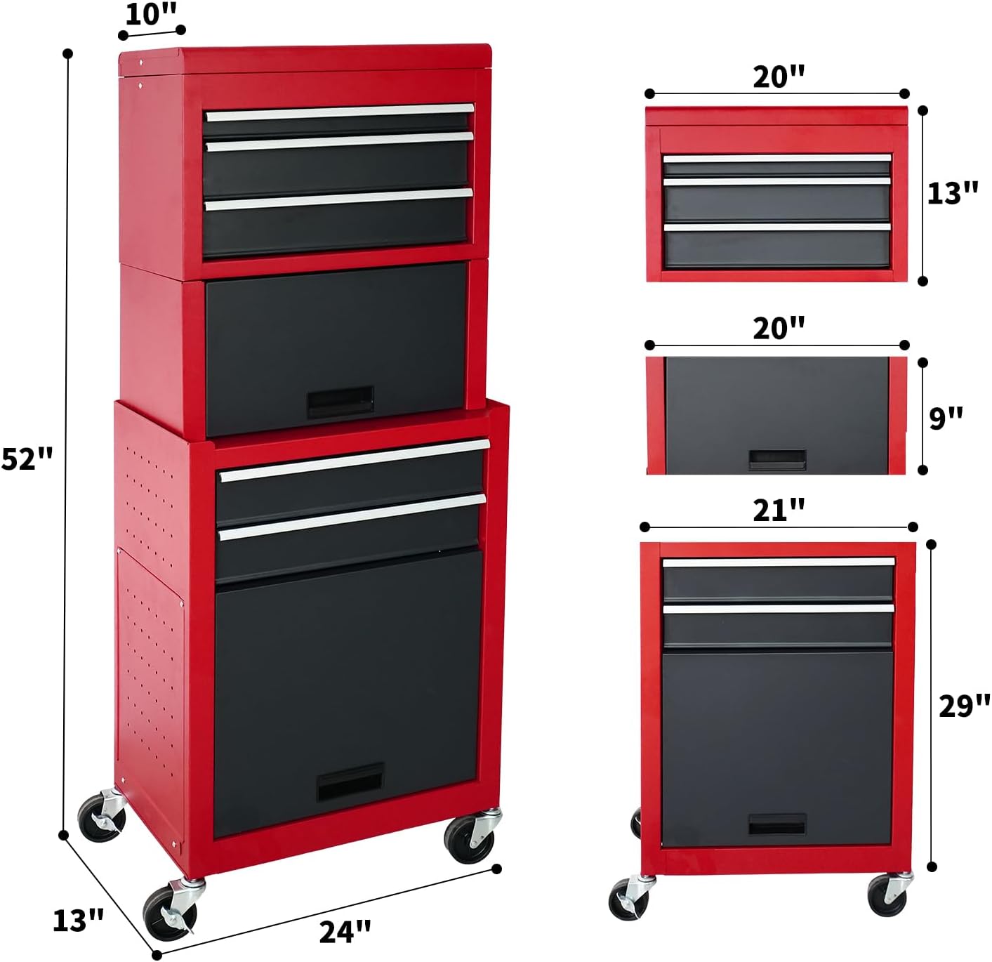 Rolling Tool Chest, 3-in-1 Detachable Metal Tool Box with Wheels & Drawers, High Capacity Toolbox Organization Sliding Drawers Garage Storage Box Cabinet Tools Cart for Warehouse Workshop