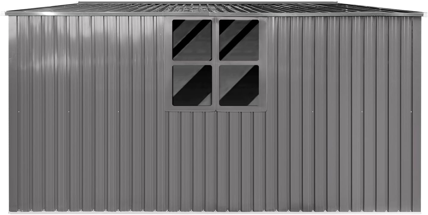 14x12 FT Metal Storage Shed, Outdoor Storage Shed with Window & Apex Roof, Lockable Door for Garden, Backyard, Lawn, and Utility Shelter, Weather-Resistant, Easy to Set Up, Grey