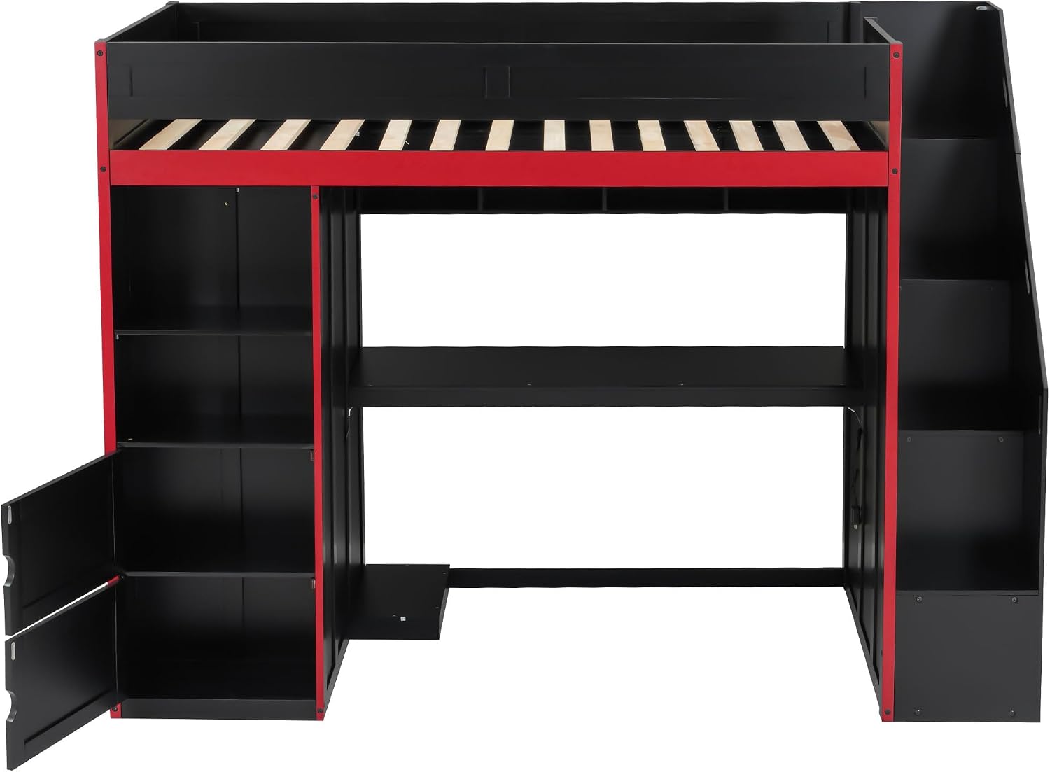 SOFTSEA Twin Size Gaming Loft Bed with Desk, Storage Stairs, LED Lights, Bookshelves & Wardrobe, Multifunctional Loft Bed for Kids Bedroom, No Box Spring Needed, Black Red