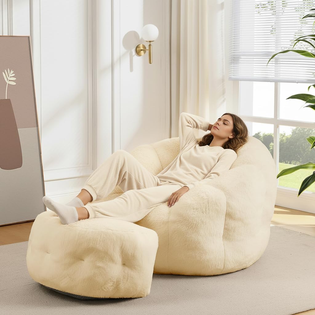 Bean Bag Chair with Ottoman, Beige Flower Bean Bag Chairs for Adults and Teens, Comfy Plush Faux Fur Reading Chair for Living Room, Bedroom, Apartment, Dorm