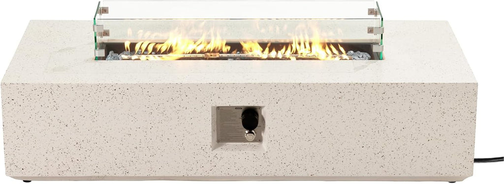 COSIEST Outdoor Propane Fire Pit Table, 56' x 28' Rectangle Terrazzo White Concrete-Like Finish, Certified, 50,000 BTU Stainless Steel Burner w Transparent Gray Fire Glass, Wind Guard, Raincover