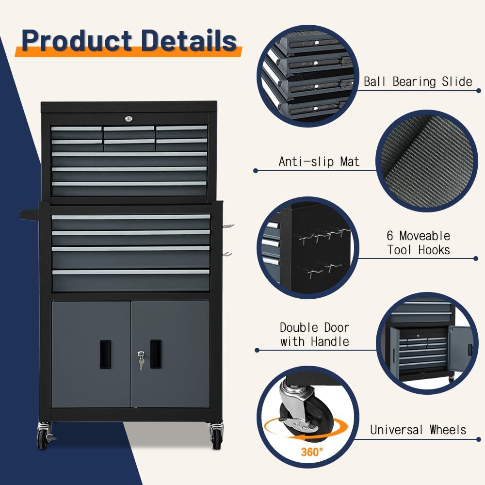13-Drawer Double Door Rolling Tool Chest, 2 in 1 Detachable Tool Chest,Tool Box with Drawers and Wheels, Large Tool Cabinet with Lock, Metal Standing Toolbox for Garage Workshop-Black&Gray