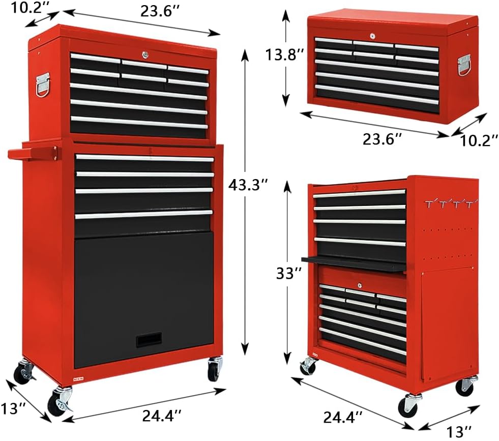 13-Drawer Tool Chest with Tool box and wheels, Large Detachable Toolbox with Sliding Drawers, Mechanic Storage Cabinets, Metal Tool Cart for Garage Workshop (BLACK＆Red)