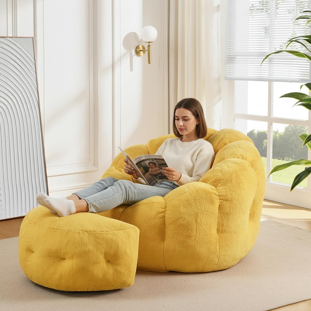 Bean Bag Chair with Ottoman, Flower Shape Bean Bag Chairs for Adults and Teens, Comfy Plush Faux Fur Bean Bags for Living Room, Bedroom, Apartment, Dorm, Yellow