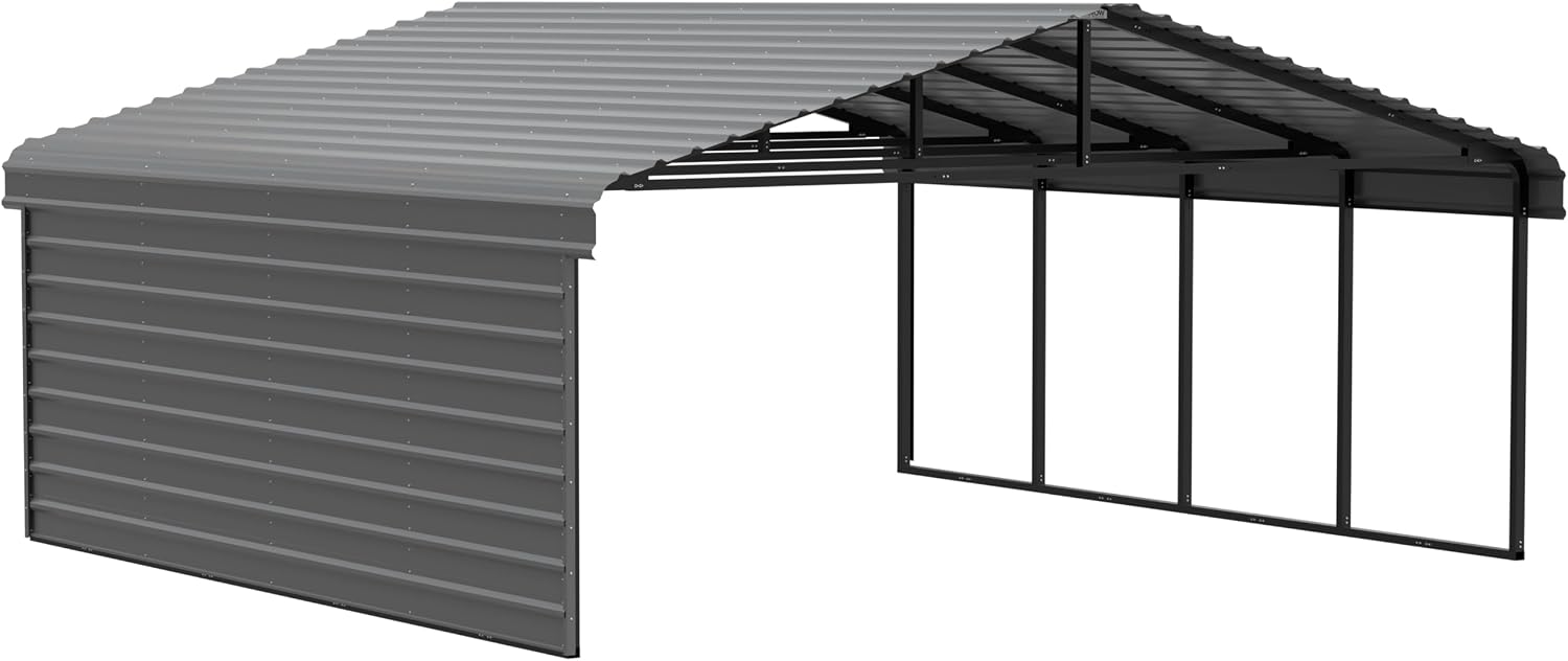 Arrow Carports Galvanized Steel Carport, with 1-Sided Enclosure, Compact Car Metal Carport Kit, 20' x 20' x 9', Charcoal