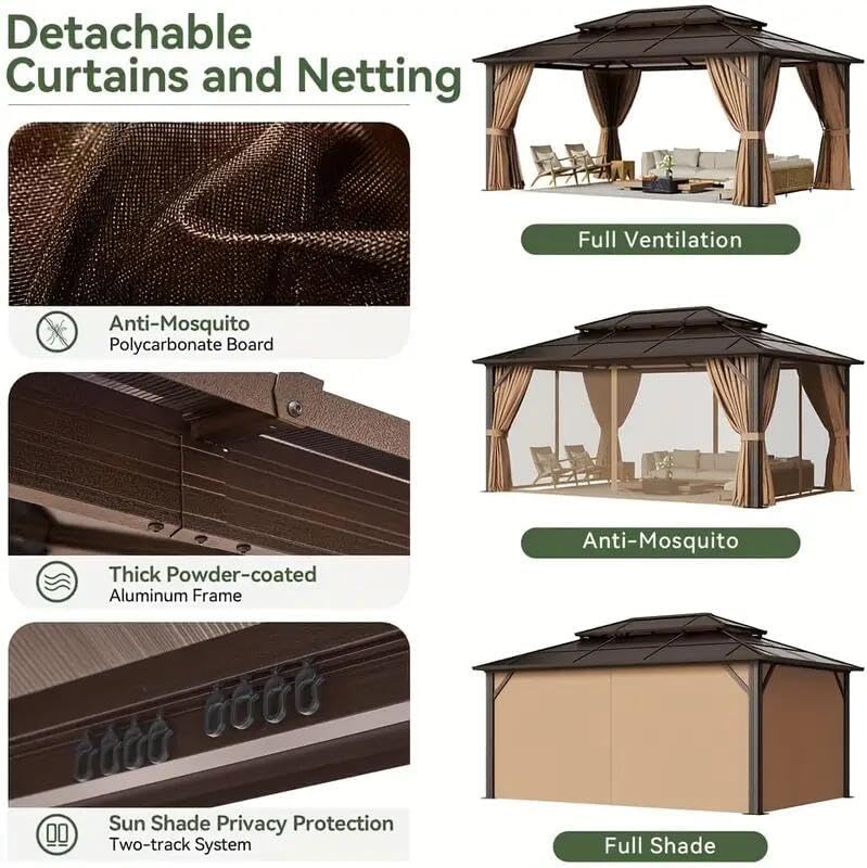 Hardtop Gazebo 12x16FT Hardtop Gazebo, Aluminum Frame Permanent Pavilion with Curtains and Netting, Outdoor Polycarbonate Gazebo, Double Roof Canopy, for Gardens, Patios, Lawns