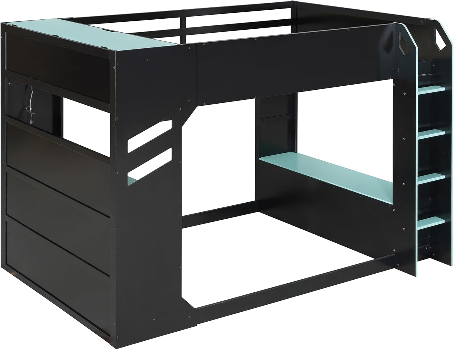 SOFTSEA Full Size Gaming Loft Bed with Desk, Storage Headboard, Drawers, Hanging Rod, USB Ports & LED Lights for Bedroom, No Box Spring Needed, Blue
