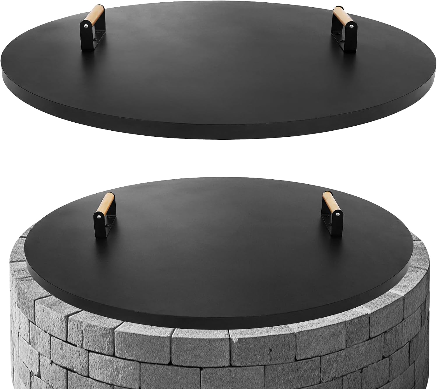 G GOOD GAIN Firepit Lid Round 38 Inch - Rust Resistant Fire Pit Lid Cover with Wooden Handle & Gloves, Fire Pit Snuffer Lid for Courtyards, Patio, Winter Cold Protection. Fits Fire Pits Up to 36'