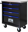 4 Drawers Tool Cart on Wheels with Stainless Steel Worktop, Heavy Duty Mobile Rolling Drawer Tool Chest with Secure Locking System & Locking Wheels for Garage,Warehouse,Workshop (Black&Blue)