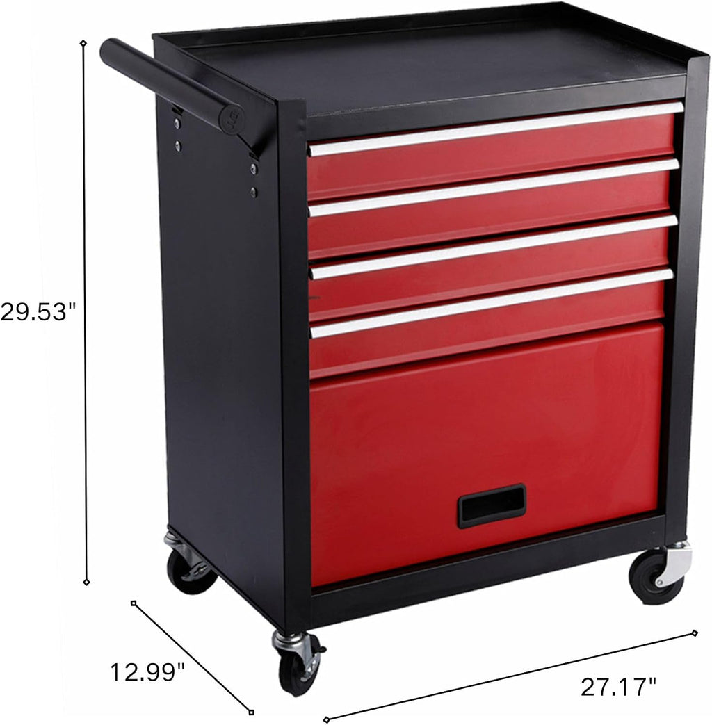 4 Drawers Rolling Tool Chest Cart. Tool Storage Cabinet with 4 Wheels.Tool Cabinet Trolley with Locking System and Drawer Liners.Tool Storage Cart for Garage,Workshop.Toolbox Cart-Red Black Plus