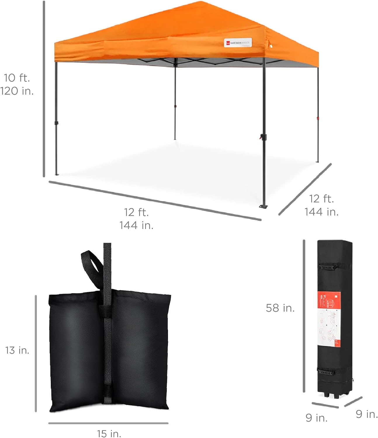 Best Choice Products 12x12ft Pop Up Canopy Tent, Outdoor Shade, 1 Person 1 Minute Set Up, Carry Case, 4 Weight Bags - Orange