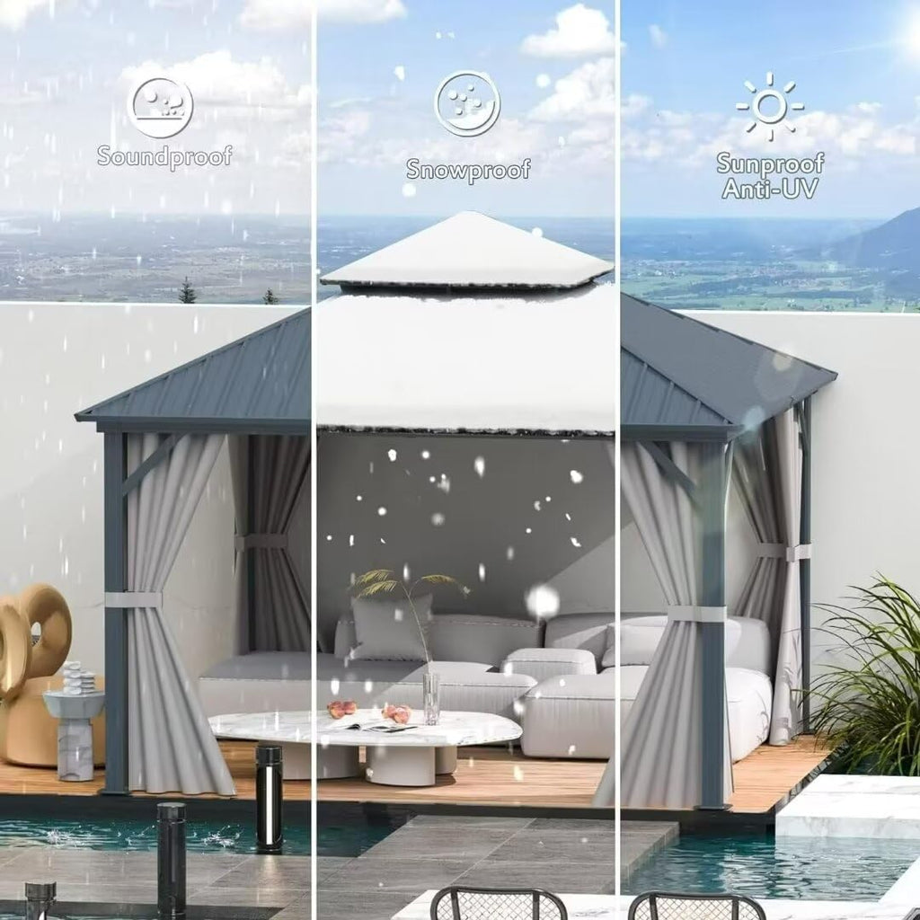 Domi 12x12FT Outdoor Gazebo, Patio Gazebo with Galvanized Steel, Hardtop Gazbo for Patio, Deck, Backyard, Curtain and Netting Included