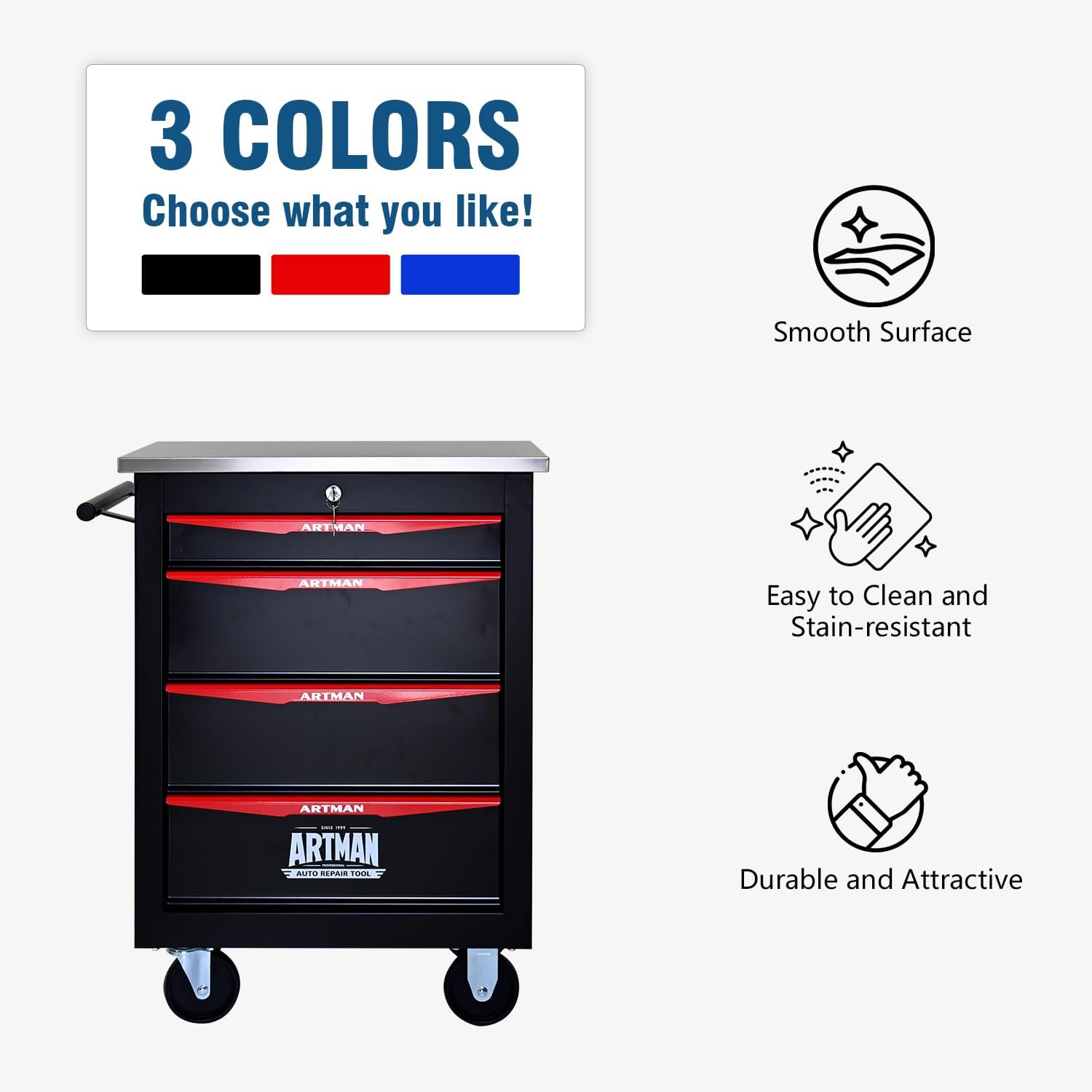 4-Drawer Rolling Tool Chest with Stainless Steel Countertop,Tool Chest with Secure Locking System,Mobile Storage Tool Cabinet with 360°Wheels and Padded Feet,for Home,Garage (Black+Red)