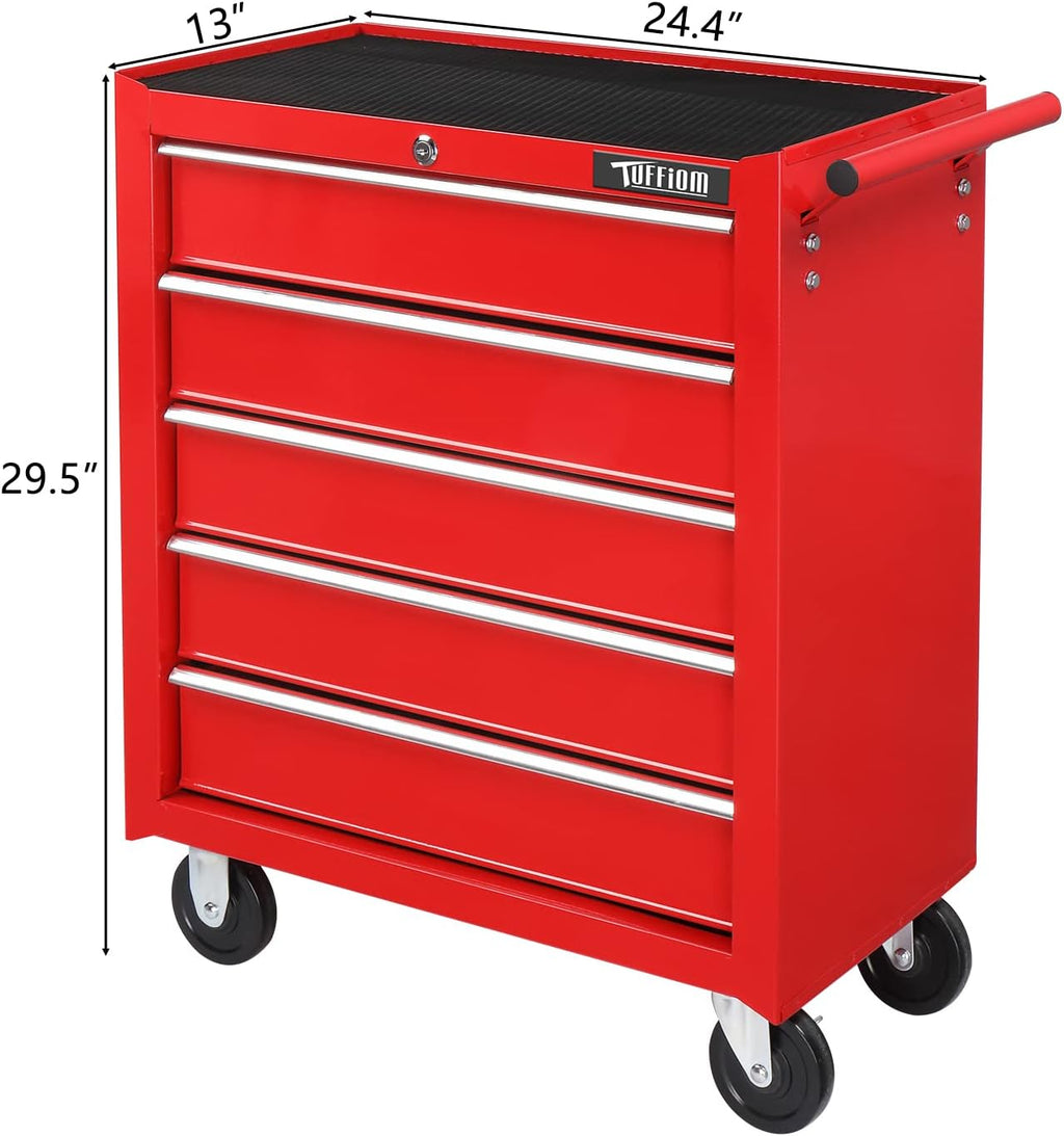TUFFIOM 5-Drawer Rolling Tool Chest w/Drawers & Lock, Tool Storage Cabinet with Lockable Wheels, Top Cushion & Drawer Liners, Tool Organizer Box for Garage, Warehouse & Repair Sho