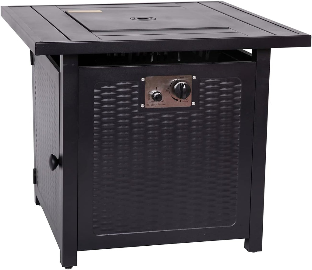 Flash Furniture Olympia 50,000 BTU Outdoor Propane Gas Fire Pit Table - Black Stainless Steel Tabletop and Steel Wicker Detail Base - 28' Square - Included Lava Rocks