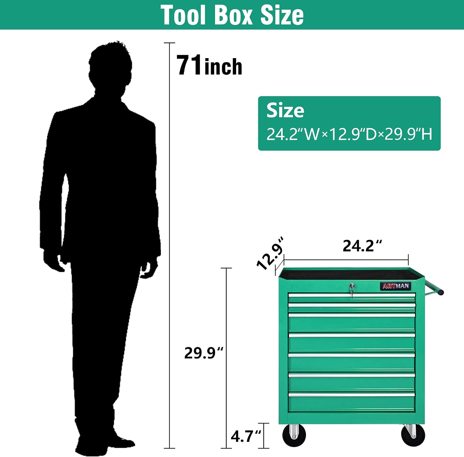7 Drawers Tool Cart on Wheels, 7 Drawer Rolling Tool Chest with Key Lock, Trolley Organizer Tool Case, Multifunctional Rolling Tool Box for Garage,Warehouse,Workshop,Repair Shop (Green)