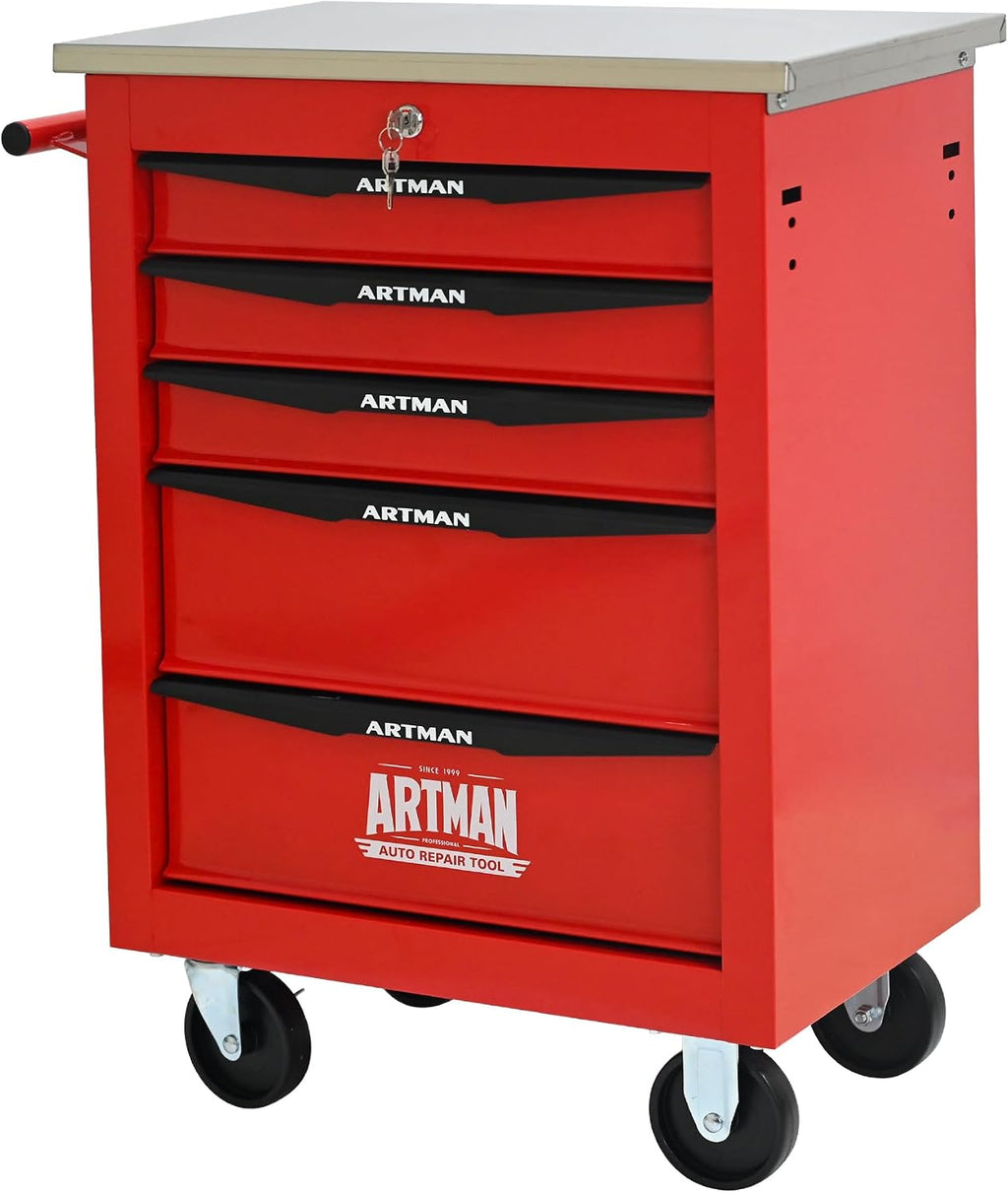 5 Drawers Rolling Tool Box on Wheels, Stainless Steel Countertop Tool Chest Cabinet with Lock, Drawers Rolling Tool Cart Trolley Organizer Tool Case for Garage,Warehouse (Red)