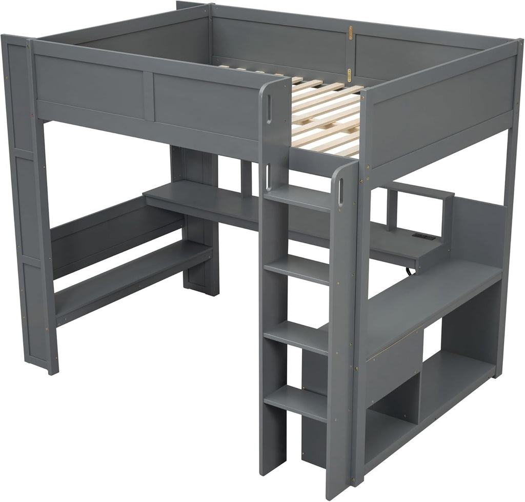 SOFTSEA Full Size Gaming Loft Bed with Desk, Wood Loft Bed with USB Ports, LED Lights, Gaming Lofts Bed with Multi-Storage Shelves & Under-Bed Space for Adults Kids Teens, No Noise, Gray