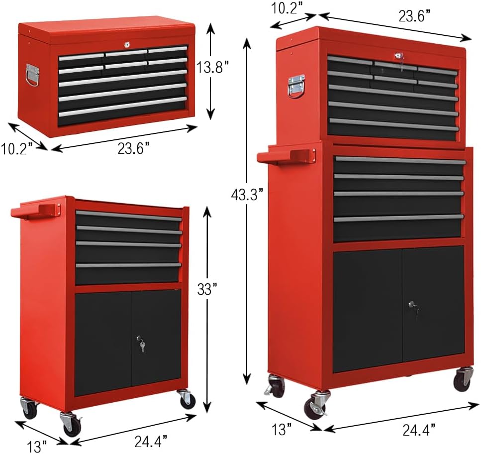Tool Chest 13-Drawer with Double Door Handle,2 in 1 Detachable Rolling Tool Chests with Wheels and Drawers,Large Tool Box with Lock (Red＆Black)