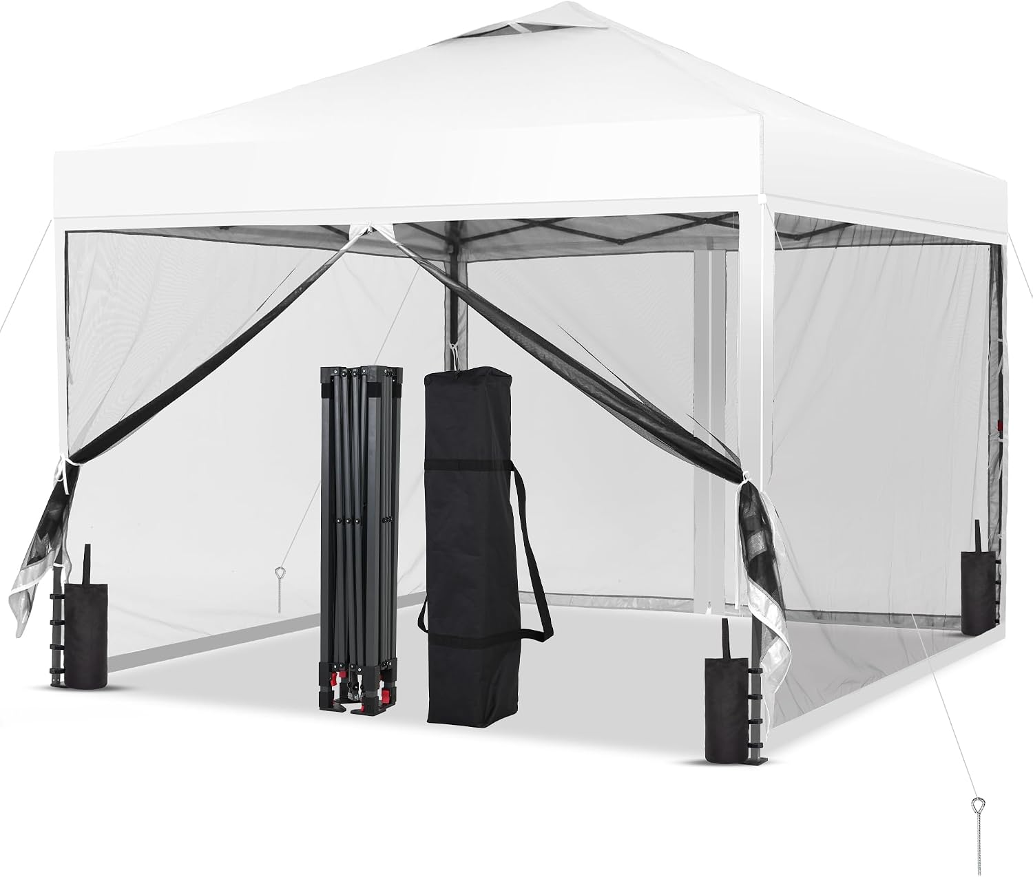 GDY 10x10 Pop up Canopy Tent with Mosquito Netting, Easy up Gazebo for Patio, Camping and Garden, Includes 4 Sandbags, White