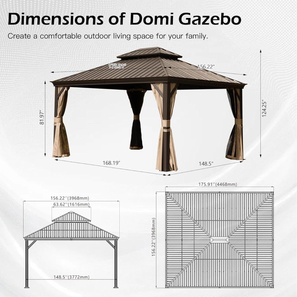 10x13 FT Hardtop Gazebo with Galvanized Steel Double Roof, Metal Outdoor Gazebo with Drainage System, Curtains and Netting, Gray (Brown-13x15FT)