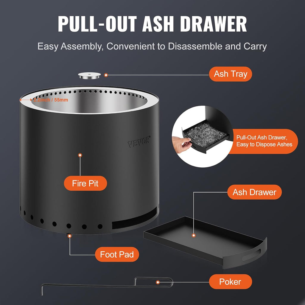 VEVOR Smokeless Fire Pit Stove Bonfire, H: 17 in x Dia: 28 in,Wood Burning Fireplaces with Removable Ash Pan, SUS430 Stainless Steel Inner Portable Outdoor Firepit,for Outdoor Patio Camping, Black
