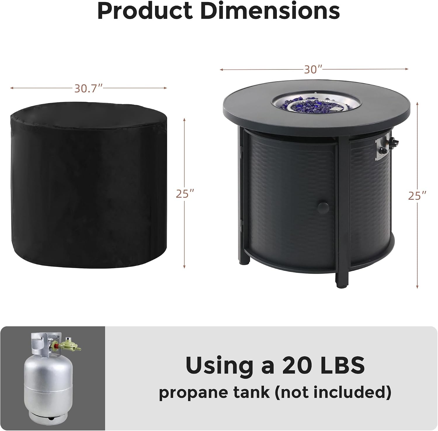 30 Inch Outdoor Fire Table Round Propane Fire Pit Table 50,000 BTU Gas FirePit with Waterproof Cover, Gloves, Steel Lid and Glass Rock, CSA Certified Fire Table for Outside Patio Garden Yard