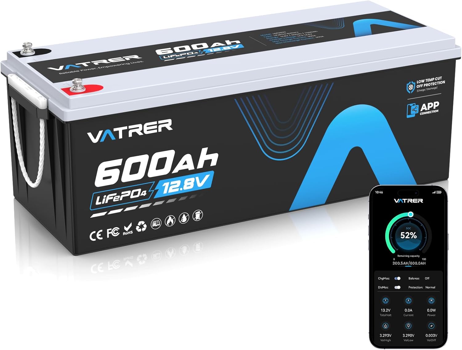 12V 600Ah Lithium LiFePO4 Battery with APP Monitoring, 300A BMS Rechargeable Battery, High/Low Temperature Protection, 3840W Max Load Power for RVs, Solar, Boats, Off-Grid,Home Energy Storage,etc.