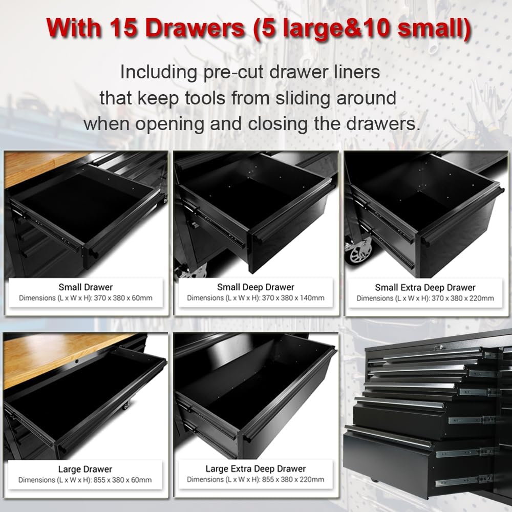 2 Pack - 72' Rolling Tool Chest with 15 Drawers + 3 Upper Cabinets, Matte Black Mobile Workbench, Lockable Large Tool Box with Wheels for Garage (1 × HTC7218PC + 1 × HTC7215PC-1)