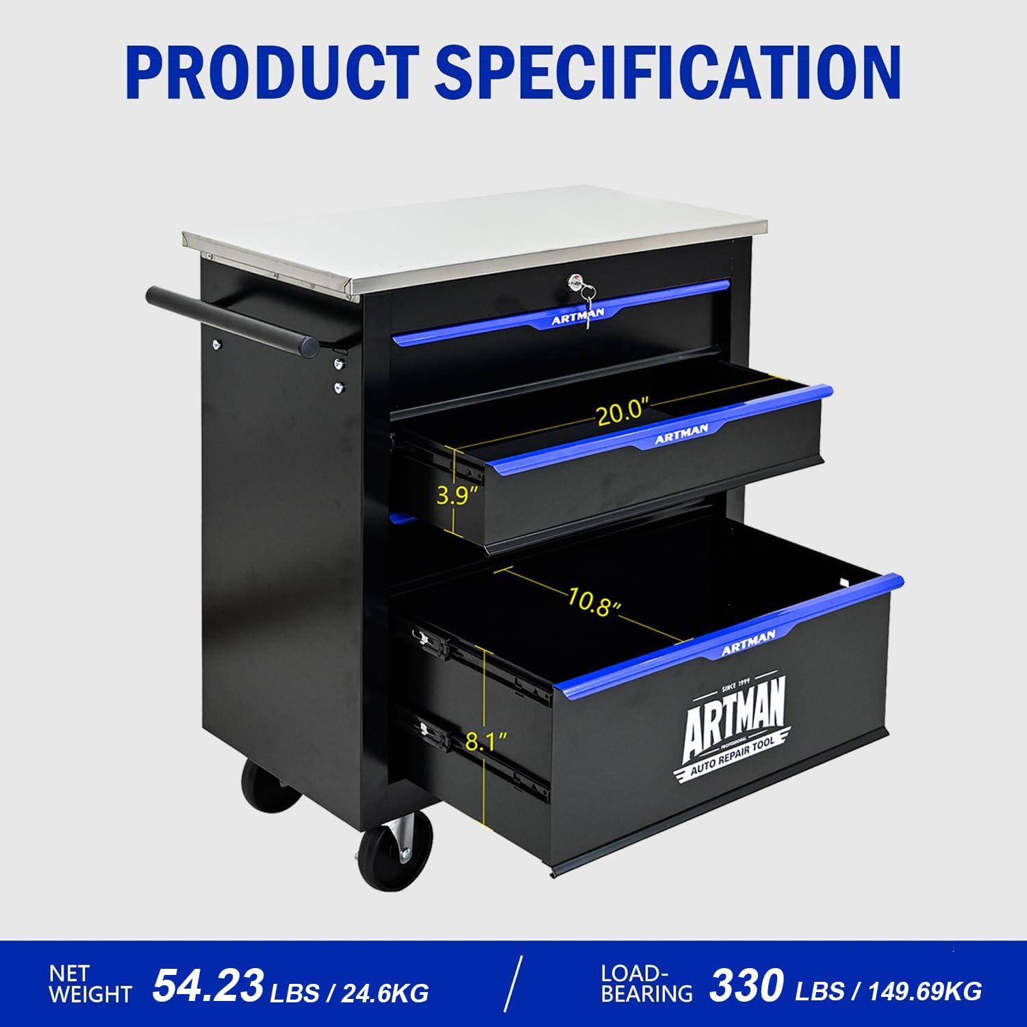 4 Drawers Tool Cart on Wheels with Stainless Steel Worktop, Heavy Duty Mobile Rolling Drawer Tool Chest with Secure Locking System & Locking Wheels for Garage,Warehouse,Workshop (Black&Blue)