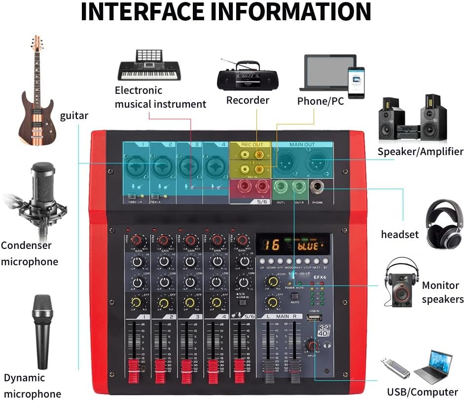 EFX6 6 Channels Audio Mixer 4 Mono 1 Stereo Sound Mixing Console 5V 16 DSP Effects USB Computer Play Recording