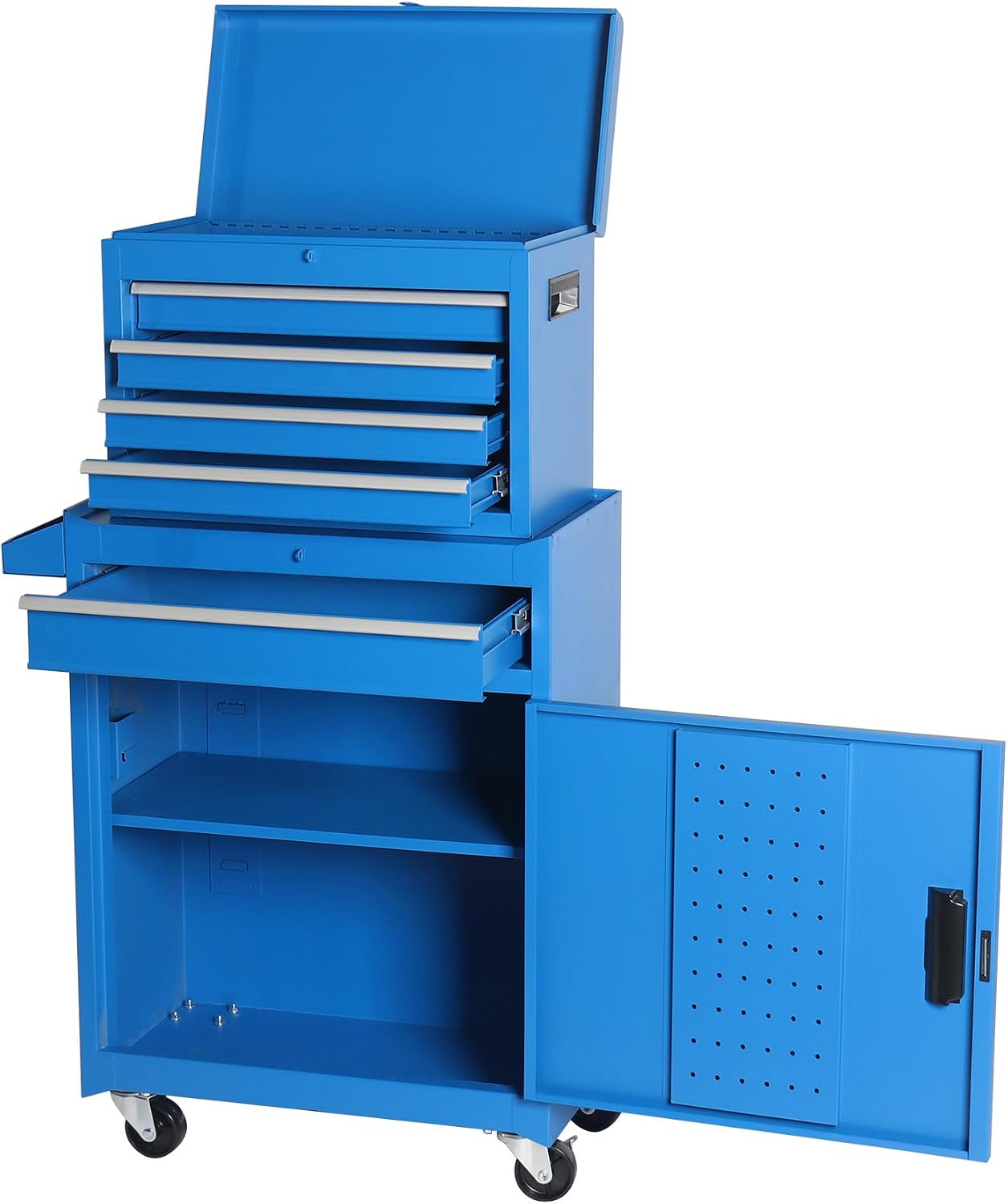 5 Drawers Tool Cart with Wheels & 1 Cabinet,Detachable Portable Top Box,Lock Rolling Tool Chest Trolley Organizer Set,Multifunctional Tool Box w/Storage Lockers for Garage & Workshop (Blue)