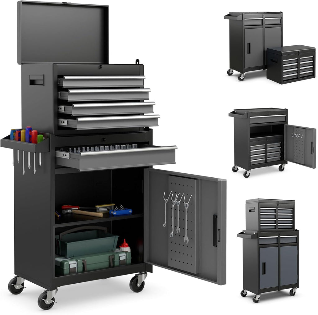 IRONMAX Rolling Tool Chest, 5-Drawer Lockable Tool Cabinet w/Adjustable Shelf & 4 Universal Wheels, 2 in 1 Detachable Tool Box Storage Organizer for Garage Workshop Repair Shop, Grey