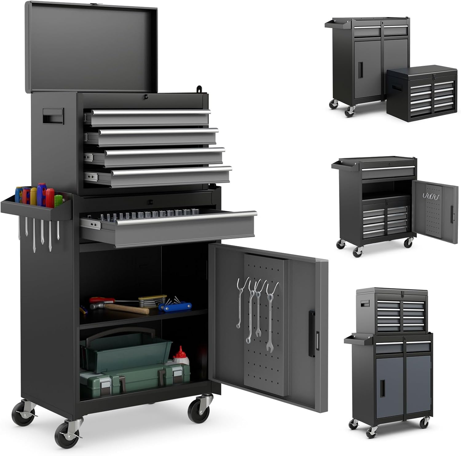 IRONMAX Rolling Tool Chest, 5-Drawer Lockable Tool Cabinet w/Adjustable Shelf & 4 Universal Wheels, 2 in 1 Detachable Tool Box Storage Organizer for Garage Workshop Repair Shop, Grey