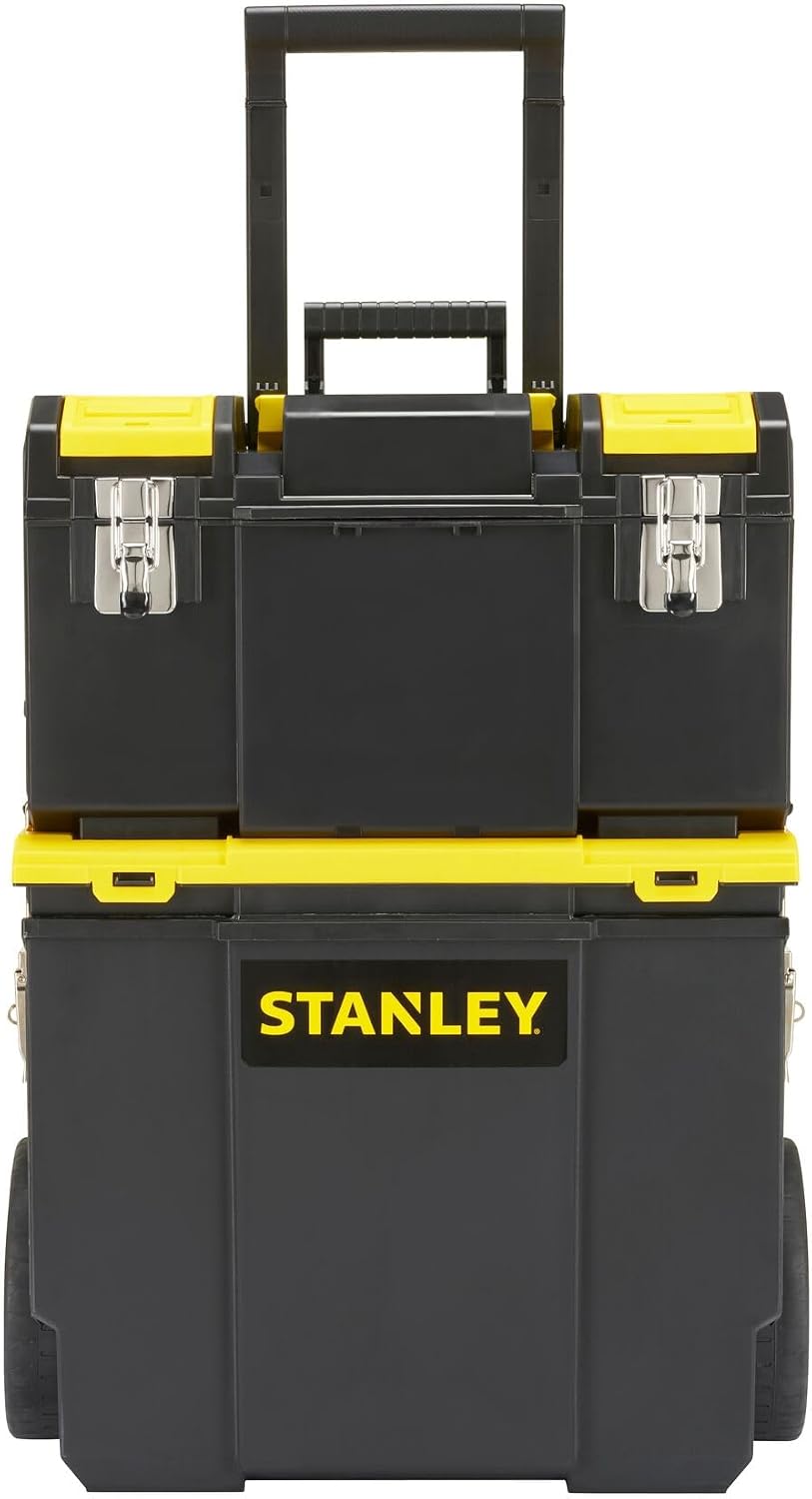 STANLEY 3 in 1 Rolling Work Centre Toolbox with Pull Handle, Detachable Toolbox with Portable Tote Tray, 1-70-326, Black