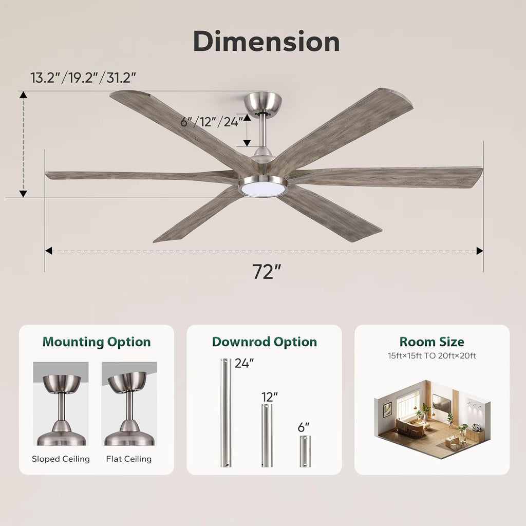 72 Inch Indoor Outdoor Ceiling Fans for Patios with Light Remote -Large Modern Gray Wood Ceiling Fan with Quiet Energy Efficient DC Motor, Dimmable Low Profile Ceiling Fan for Porch Gazebo Garage