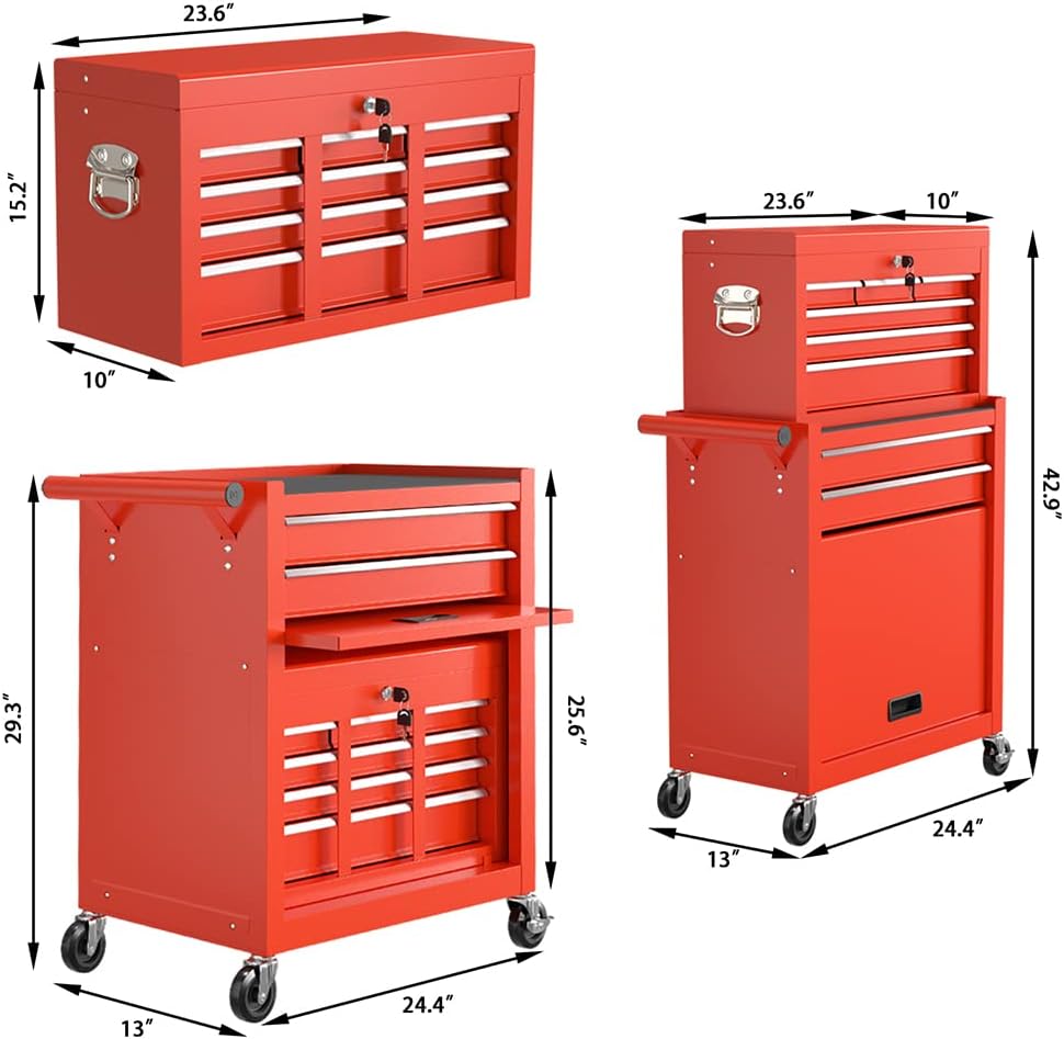 High Capacity Rolling Tool Boxes with Wheels and Drawers, 8-Drawer Storage Cabinet,Detachable Organizer Combo,Mobile Lockable Toolbox for Workshop Mechanics Garage (Red)