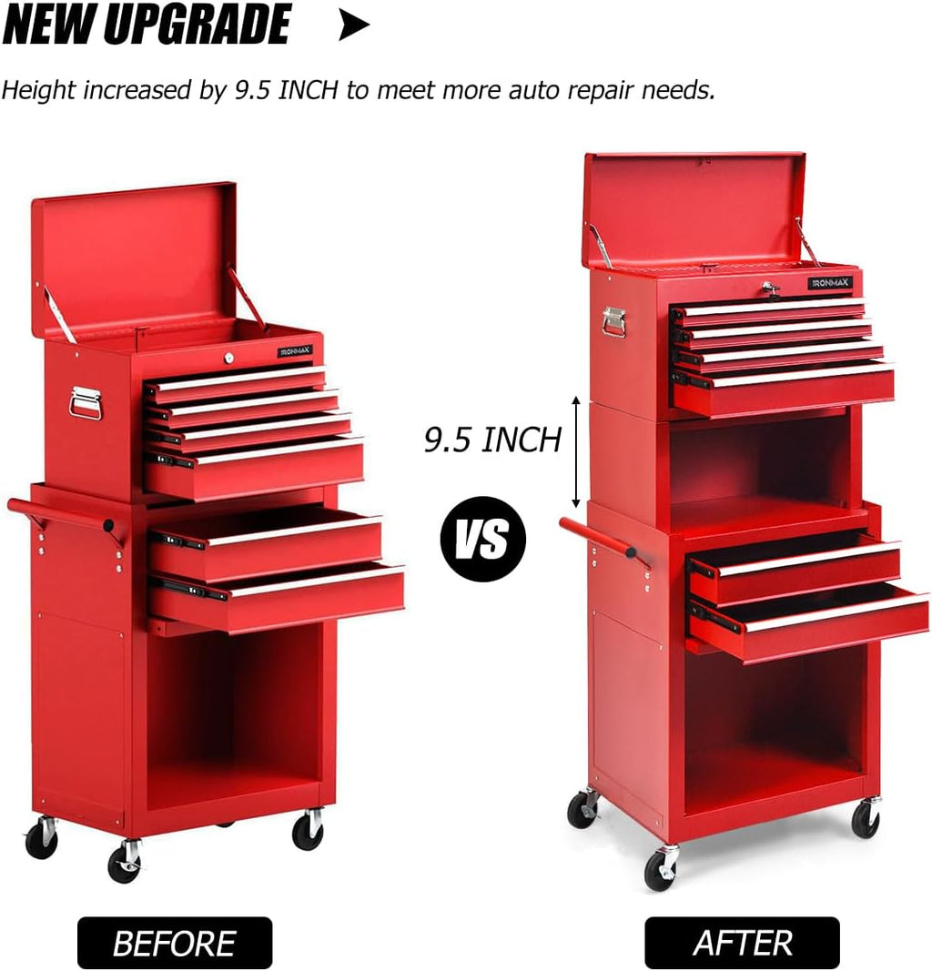IRONMAX Tool Cabinet on Wheels, 6-Drawer Lockable Rolling Tool Chest w/ 4 Universal Wheels, 2 in 1 Detachable Tool Box Storage Organizer for Garage Workshop Repair Shop, Red