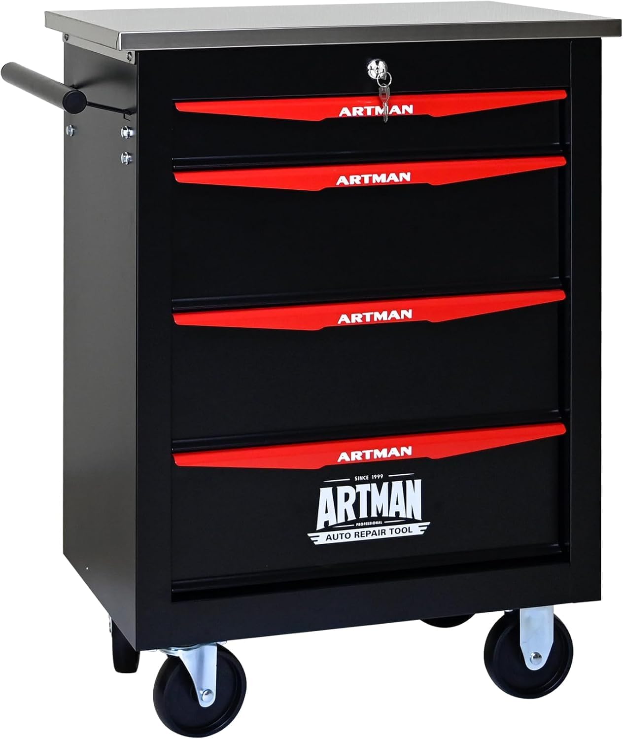 4-Drawer Rolling Tool Chest with Stainless Steel Countertop,Tool Chest with Secure Locking System,Mobile Storage Tool Cabinet with 360°Wheels and Padded Feet,for Home,Garage (Black+Red)