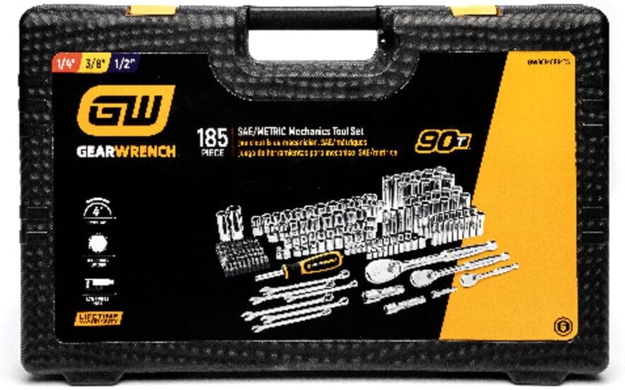 GEARWRENCH 185 Piece Mechanics Hand Tool Set - 1/4', 3/8', & 1/2' Drive | 90 Tooth | SAE & Metric | GW90MCBMTS