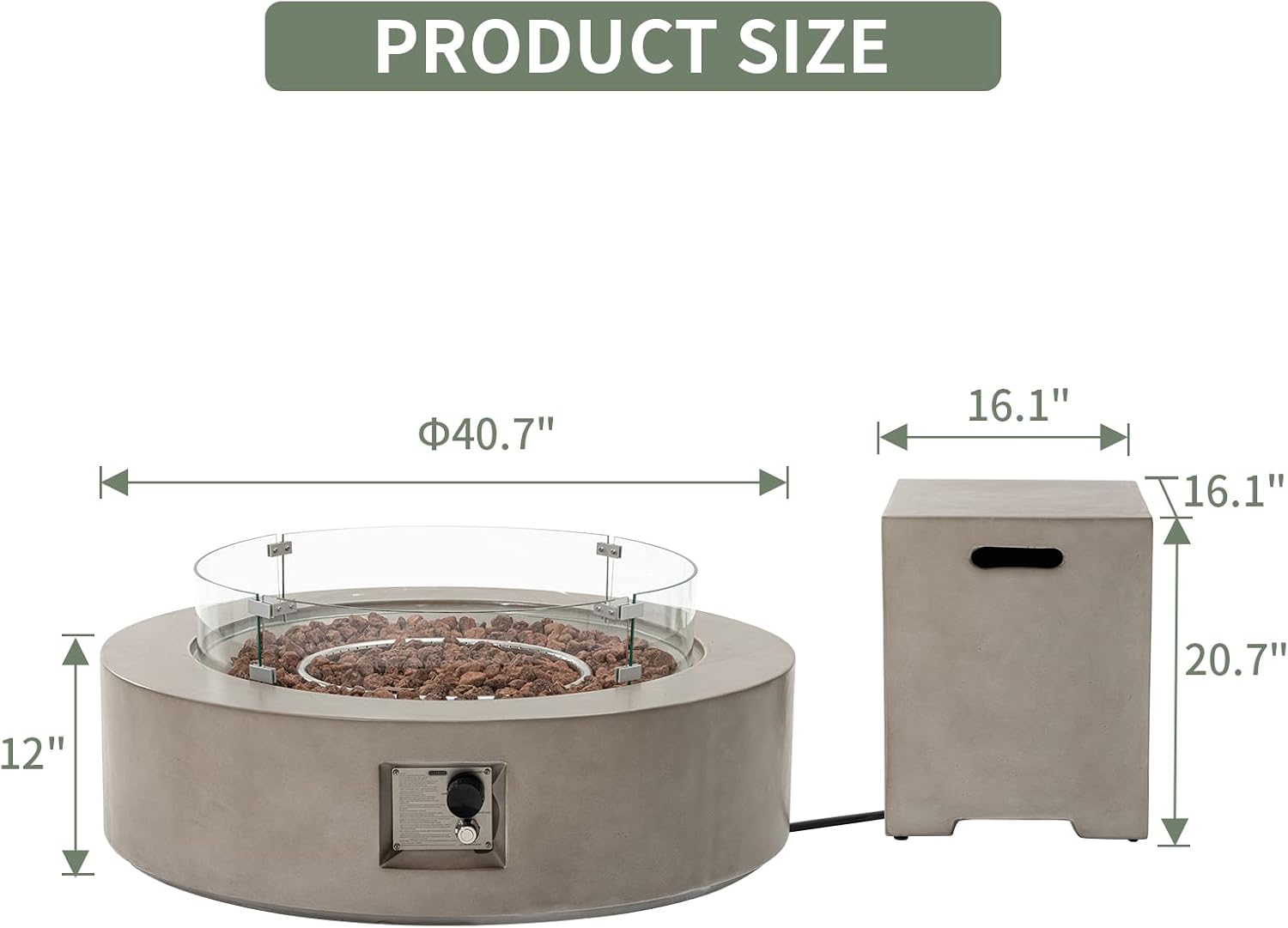 COSIEST 2-Piece Outdoor Propane Firepit Table Set w Tank Table, 42' Fire Table Certified, 50,000 BTU w Gray Round Base,Wind Guard and 16 inches Tank Side Table 20lb for Garden,Pool