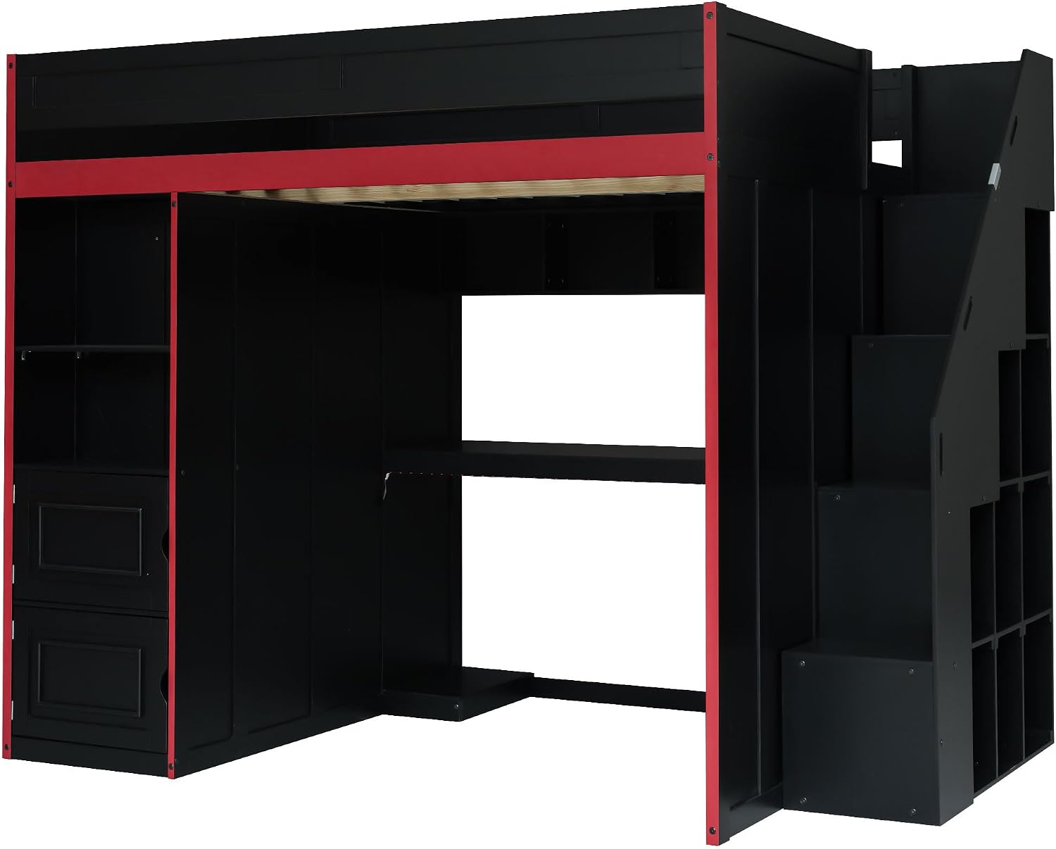 SOFTSEA Full Size Gaming Loft Bed with Desk, Storage Stairs, LED Lights, Bookshelves & Wardrobe, Multifunctional Loft Bed, No Box Spring Needed, Black Red