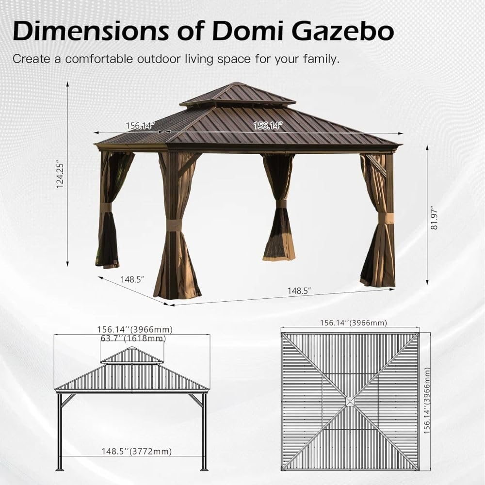 13x13FT Outdoor Gazebo Hardtop, Galvanized Steel Double Roof Metal Gazebo with Drainage System, Includes Privacy Curtains & Netting, Patio Pergola for Backyard Deck Garden, Brown