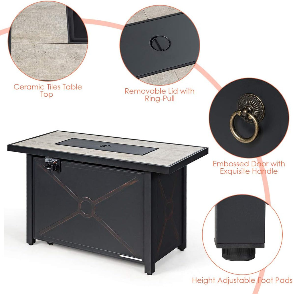 Giantex Gas Fire Pit Table w/Ceramic Tabletop, 42 Inch 60,000 BTU Rectangular Propane Fire Pit Table, Outdoor Electronic Ignition Propane Heater w/Table Cover, Waterproof Cover, Lava Rock